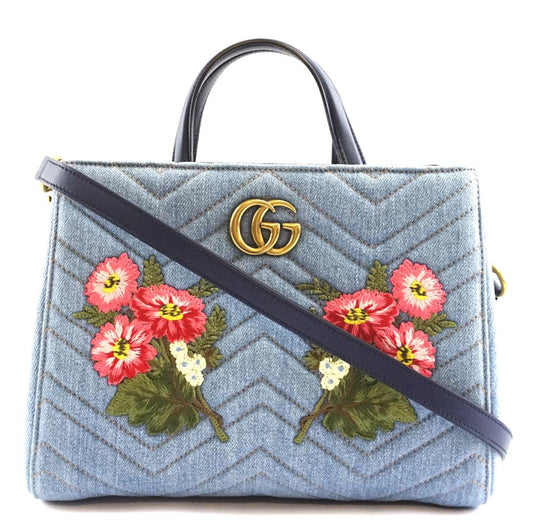 G*G Marmont Gg Embroidered Matelasse Logo Tote Blue Denim Shoulder Bag