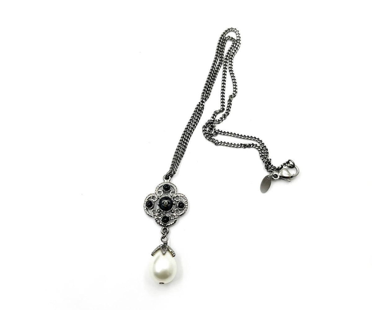 Top Quality Chanel Gunmetal CC Black Bead Filigree Pearl Dangle Necklace