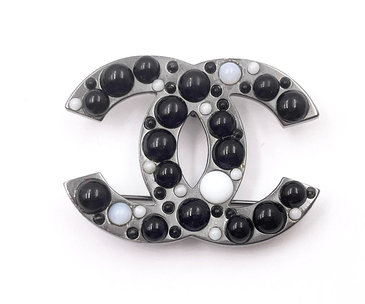 Top Quality Chanel Gunmetal CC Black White Bead Brooch