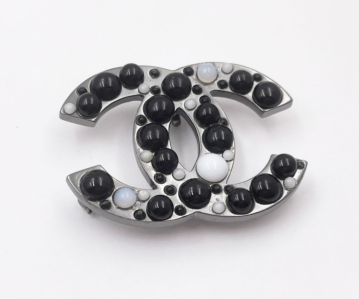 Top Quality Chanel Gunmetal CC Black White Bead Brooch