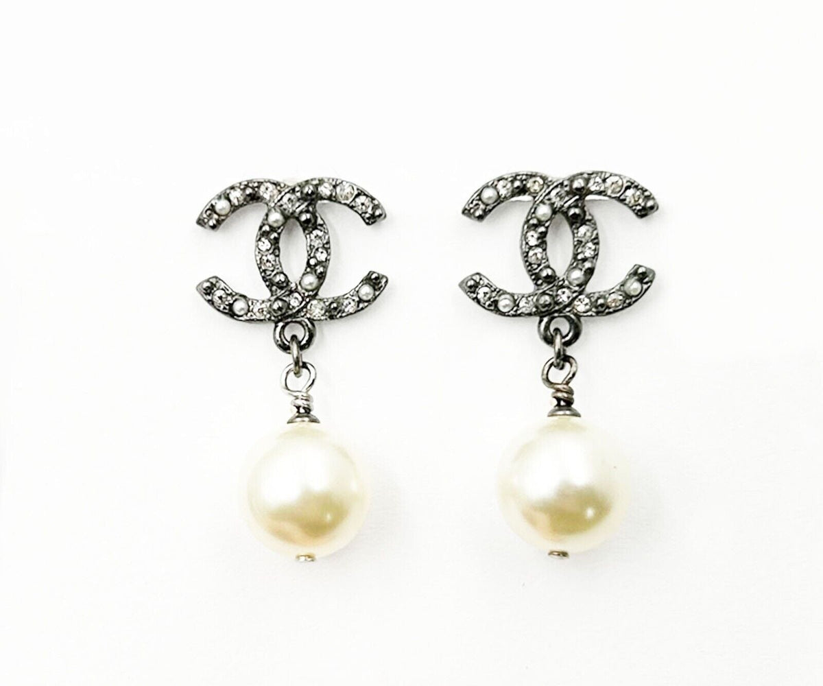 Top Quality Chanel Gunmetal CC Crystal Pearl Dangle Piercing Earrings