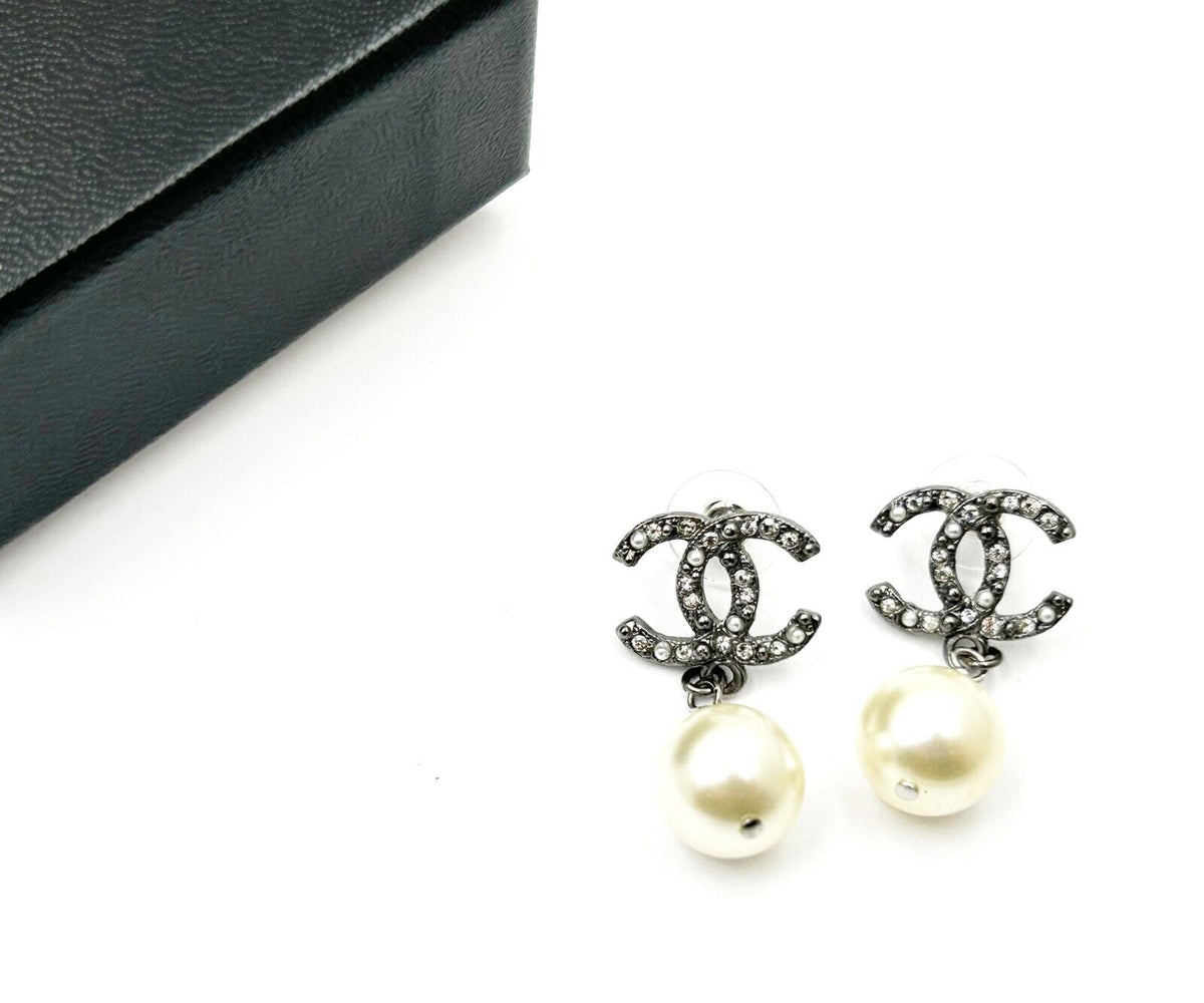 Top Quality Chanel Gunmetal CC Crystal Pearl Dangle Piercing Earrings