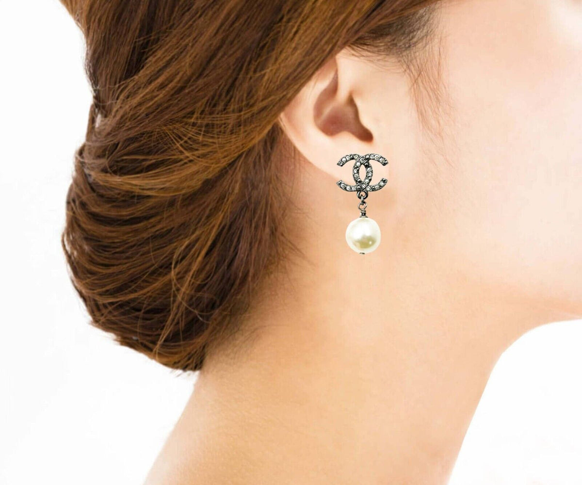 Top Quality Chanel Gunmetal CC Crystal Pearl Dangle Piercing Earrings