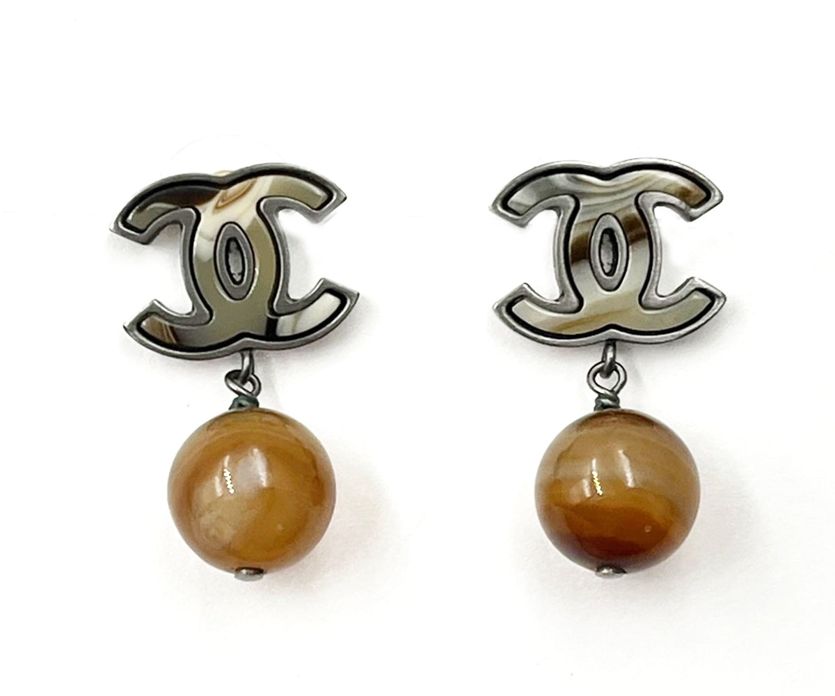CHANEL Silver CC Petrified Wood CC Dangle Piercing Earrings