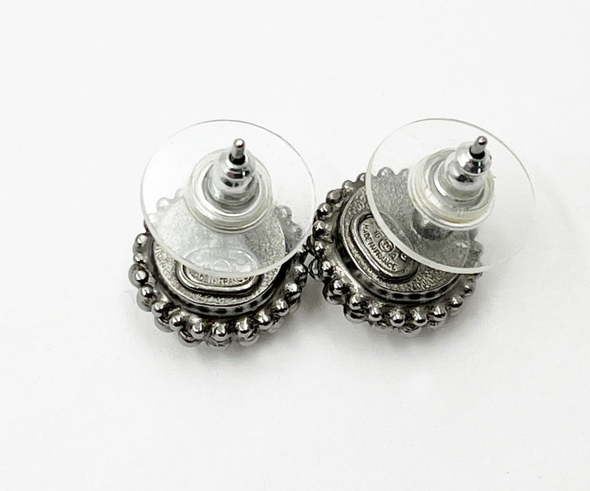 Top Quality Chanel Gunmetal CC Round Crystal Small Piercing Earrings