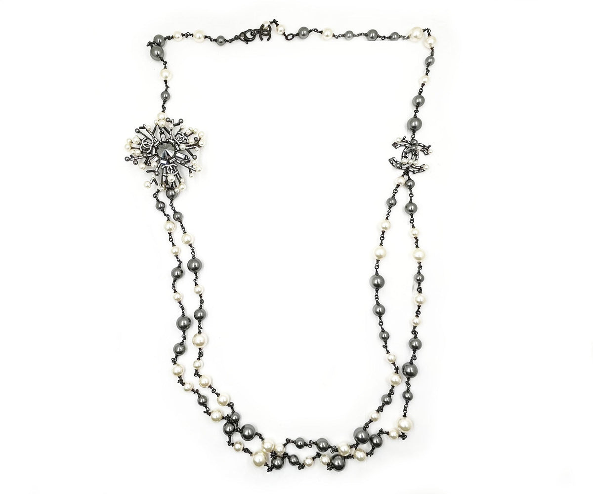 Top Quality Chanel Gunmetal CC Snowflake Baguette Crystal 2 Strand Pearl Long Necklace
