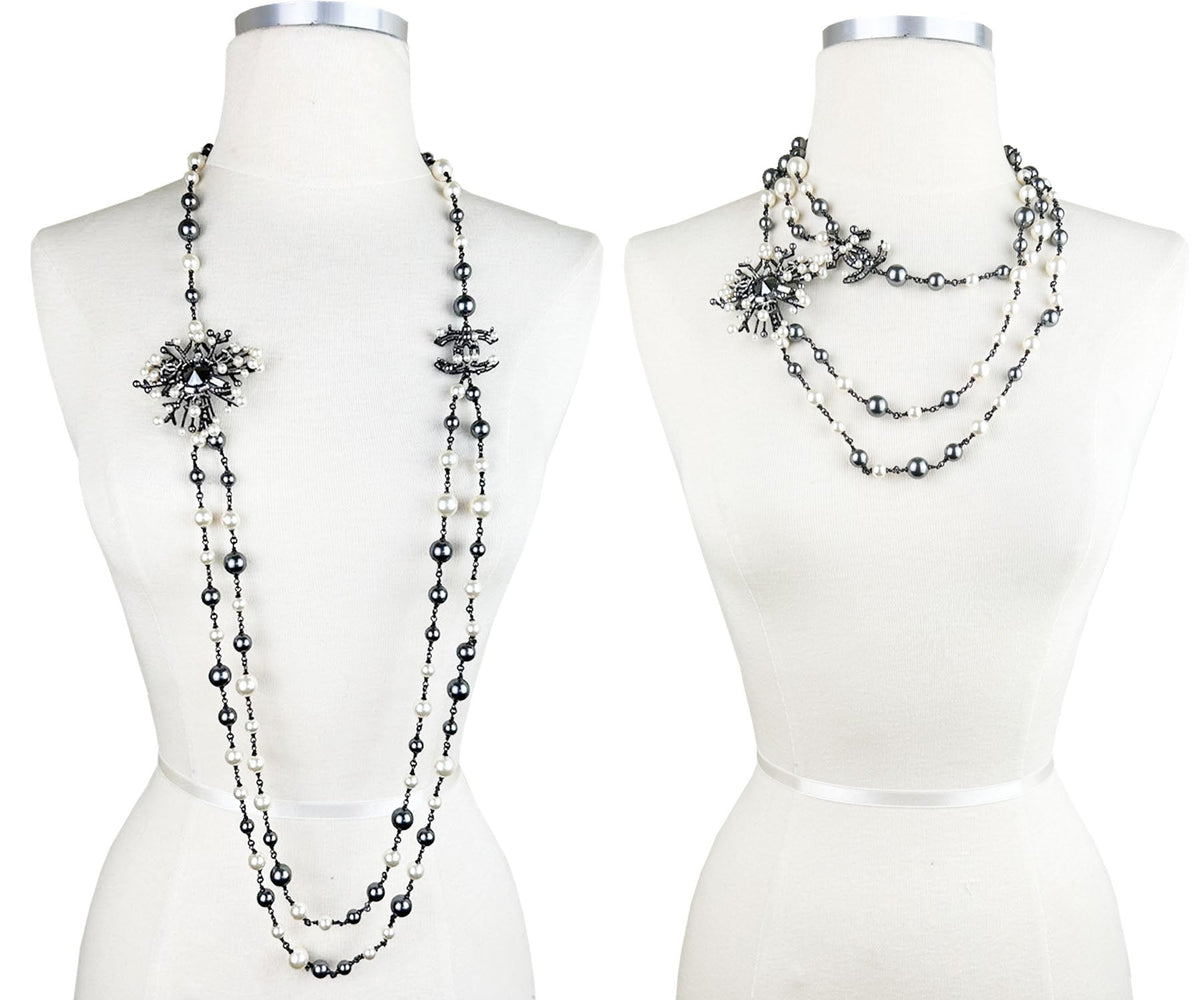Top Quality Chanel Gunmetal CC Snowflake Baguette Crystal 2 Strand Pearl Long Necklace