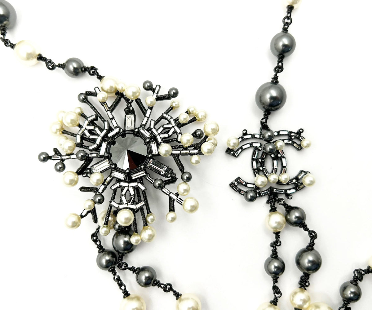 Top Quality Chanel Gunmetal CC Snowflake Baguette Crystal 2 Strand Pearl Long Necklace