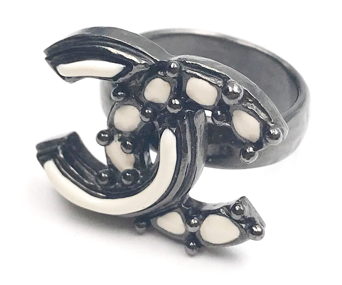 Top Quality Chanel Off White Pop up Enamel Gunmetal CC Ring