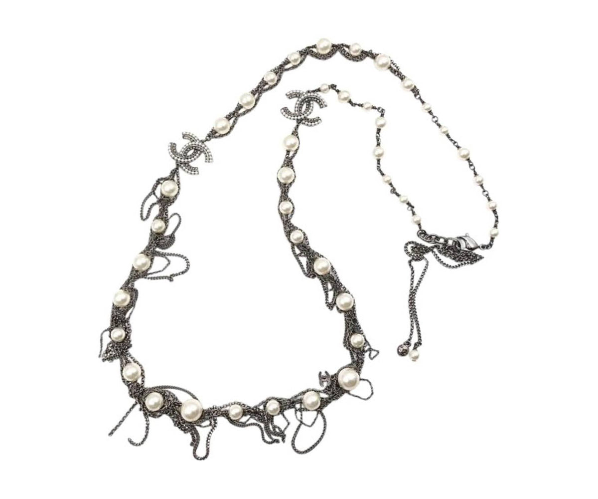 Top Quality Chanel Gunmetal Pearl Dangling Chain Long Necklace