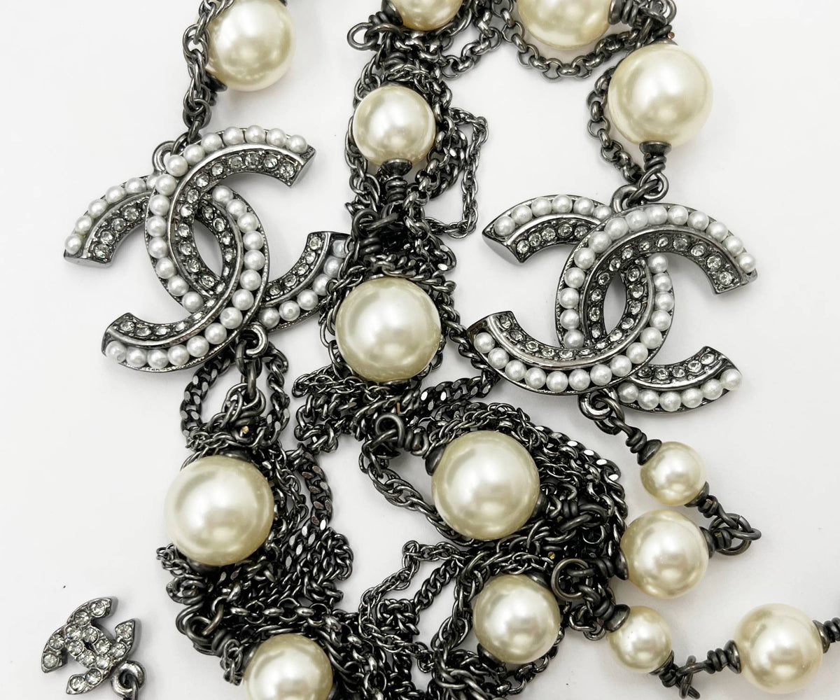 Top Quality Chanel Gunmetal Pearl Dangling Chain Long Necklace