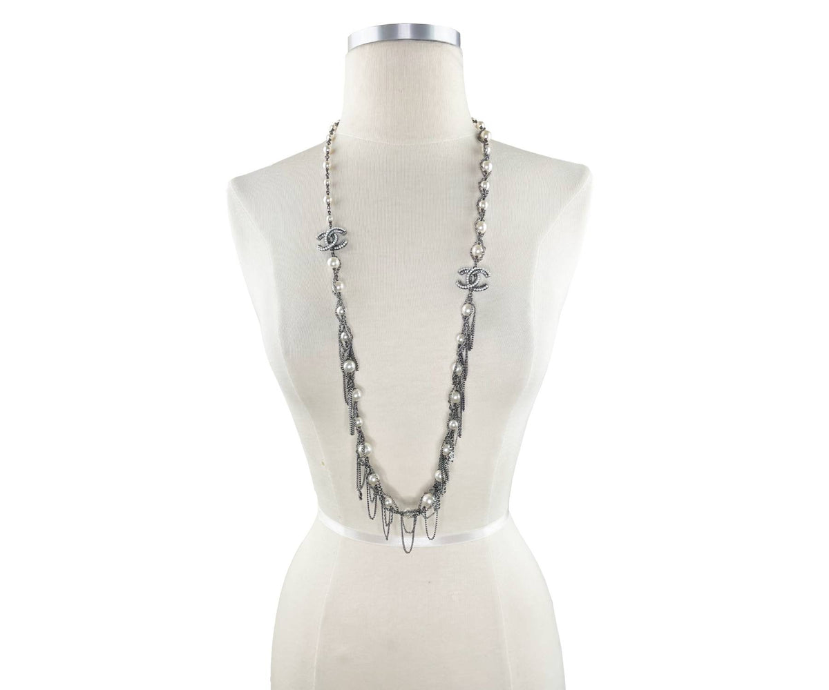 Top Quality Chanel Gunmetal Pearl Dangling Chain Long Necklace
