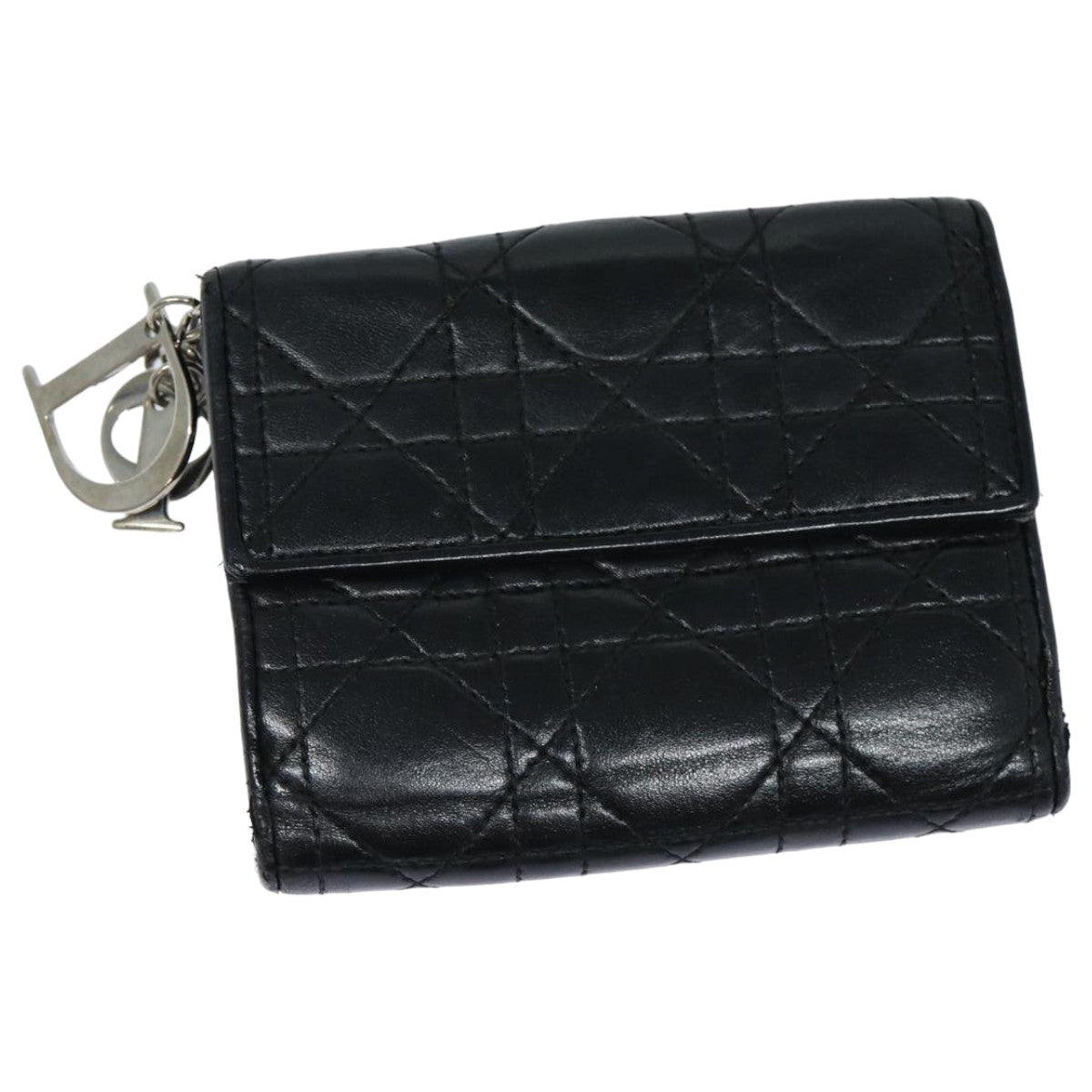 CHRISTIAN DIOR Lady Dior Canage Wallet Lamb Skin Black Auth hk1418