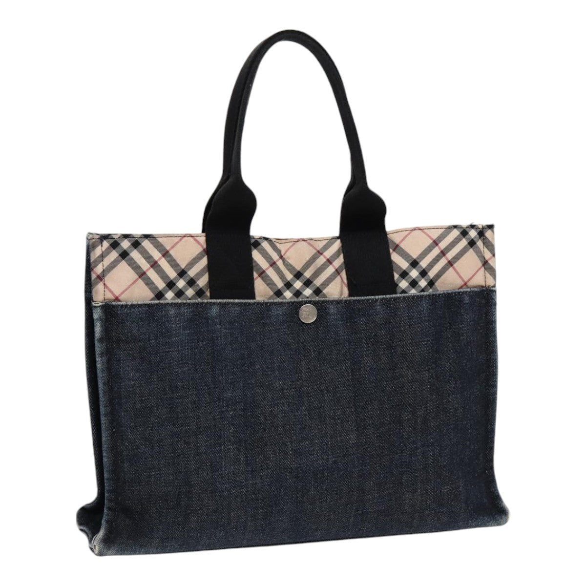 Burberry Nova Check Hand Bag Denim Nylon Navy Beige Silver Auth hk1572