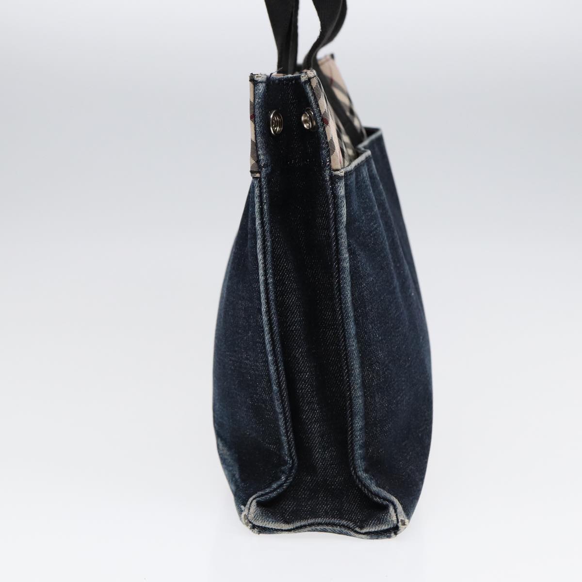 Burberry Nova Check Hand Bag Denim Nylon Navy Beige Silver Auth hk1572