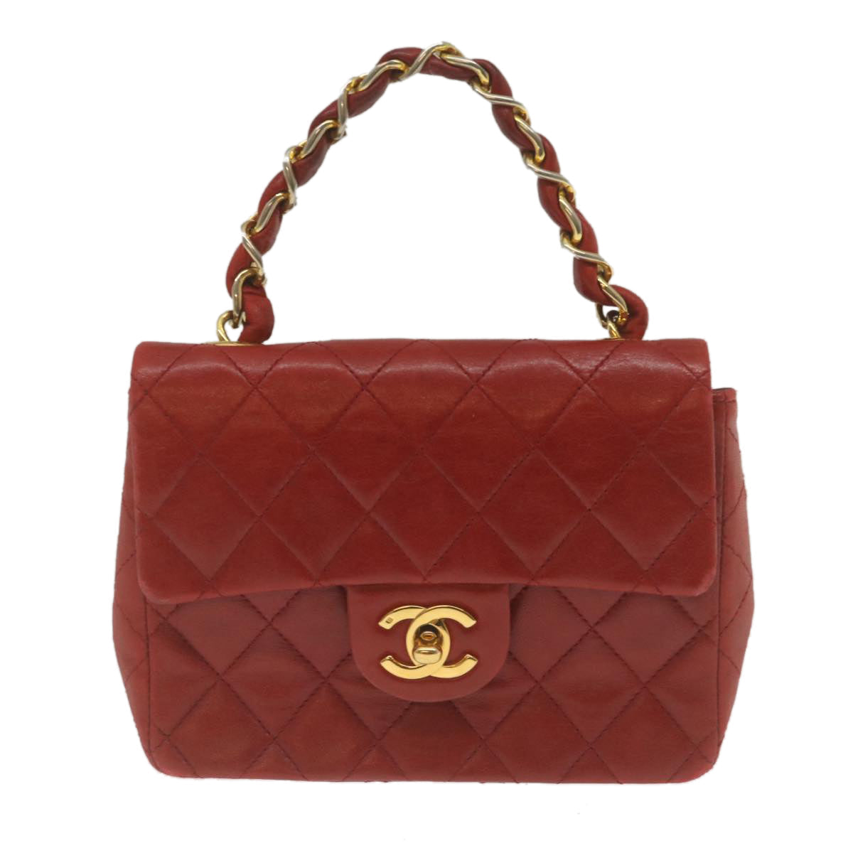CHANEL Mini Matelasse Chain Flap Hand Bag Lamb Skin Red Gold CC  hs688A
