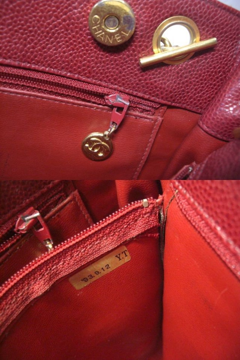 Chanel Vintage cherry red caviar leather quilted shoulder Bag, Tote with golden CC ball and chain straps