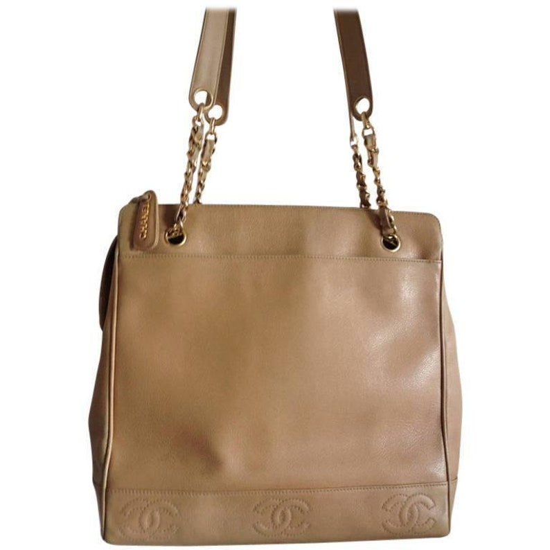 Chanel Vintage brown beige caviar leather chain Tote Bag, shoulder purse with CC stitch marks