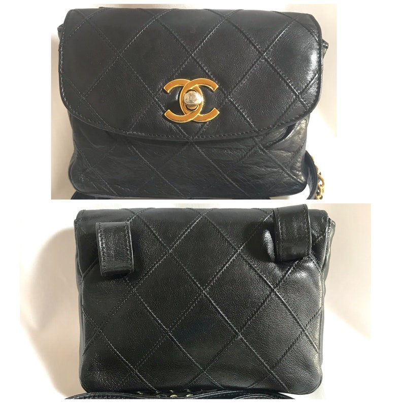 Chanel Vintage black leather waist purse, fanny pack with golden chain belt and CC closure hock
