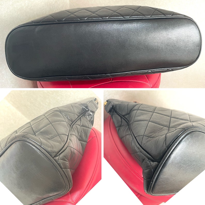 Chanel Vintage black lambskin large Tote Bag with brown plastic chains and CC mark charm to the LAMPO zipper