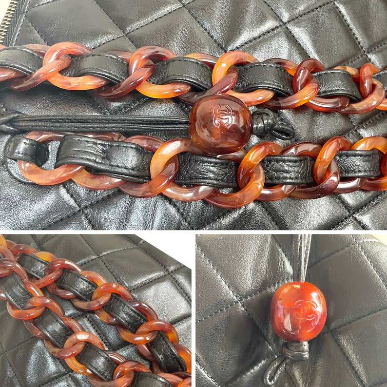 Chanel Vintage black lambskin large Tote Bag with brown plastic chains and CC mark charm to the LAMPO zipper