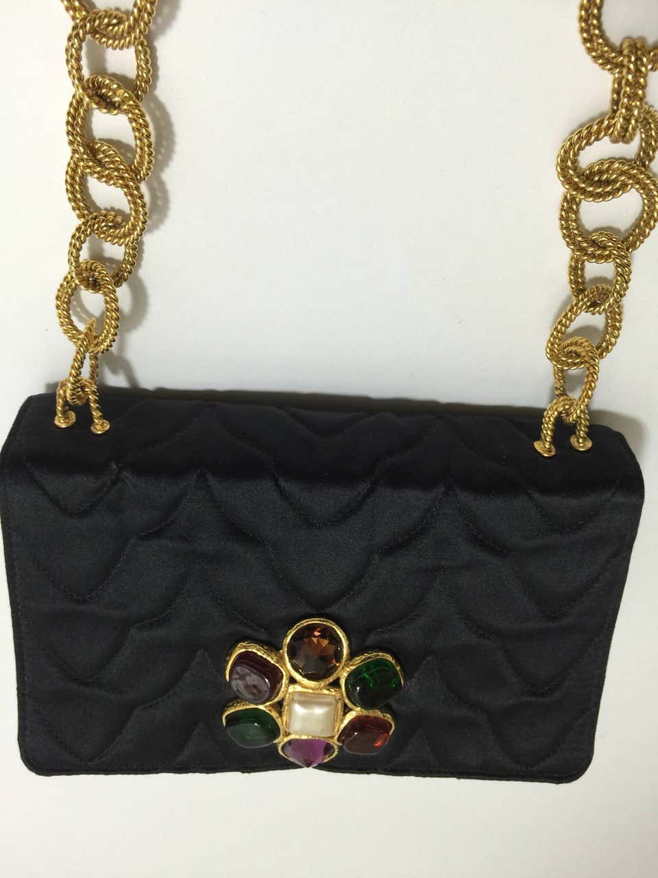 Rare Vintage Chanel Gripoix & Gold Chain Satin Evening Bag / Purse