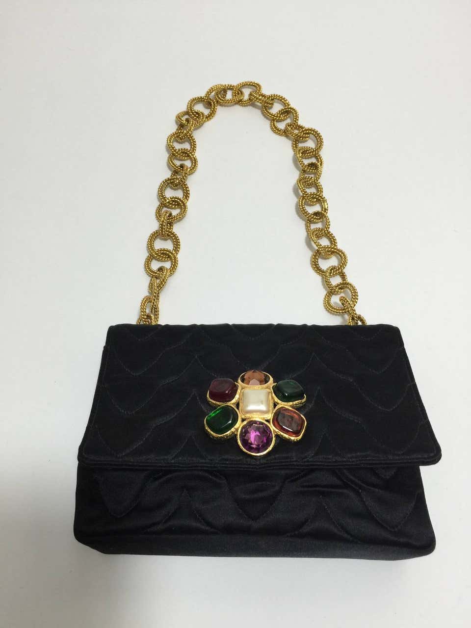 Rare Vintage Chanel Gripoix & Gold Chain Satin Evening Bag / Purse