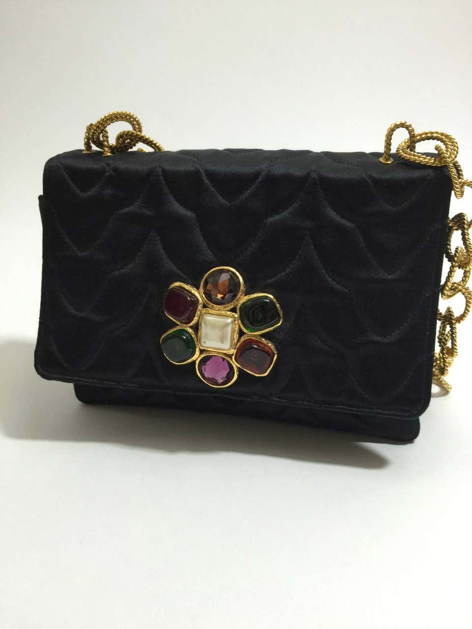 Rare Vintage Chanel Gripoix & Gold Chain Satin Evening Bag / Purse