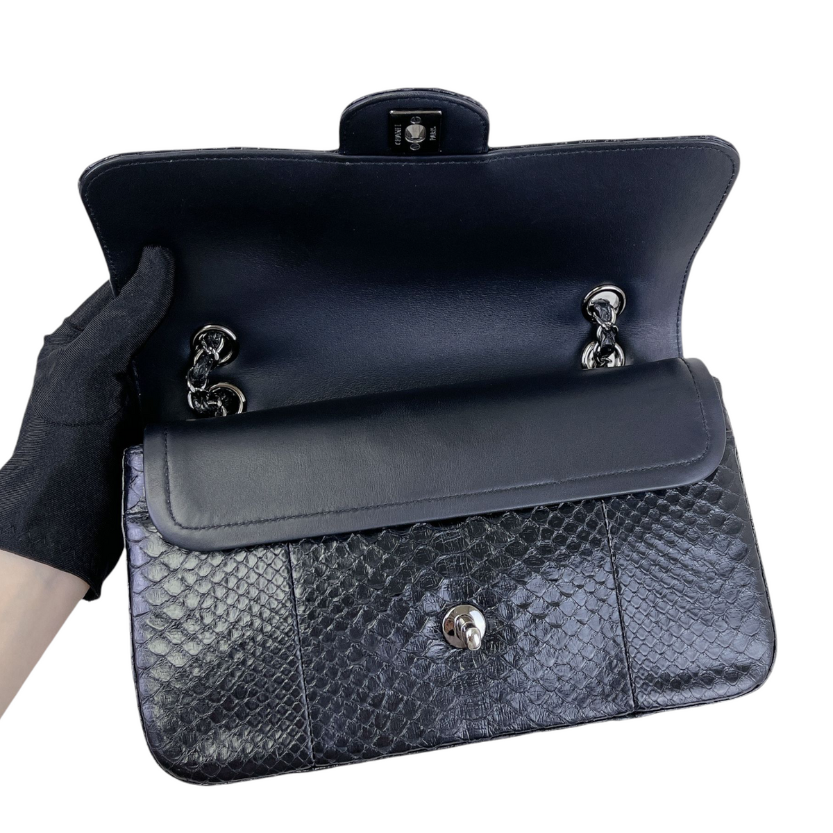Classic Flap Medium Bag Python Black SHW