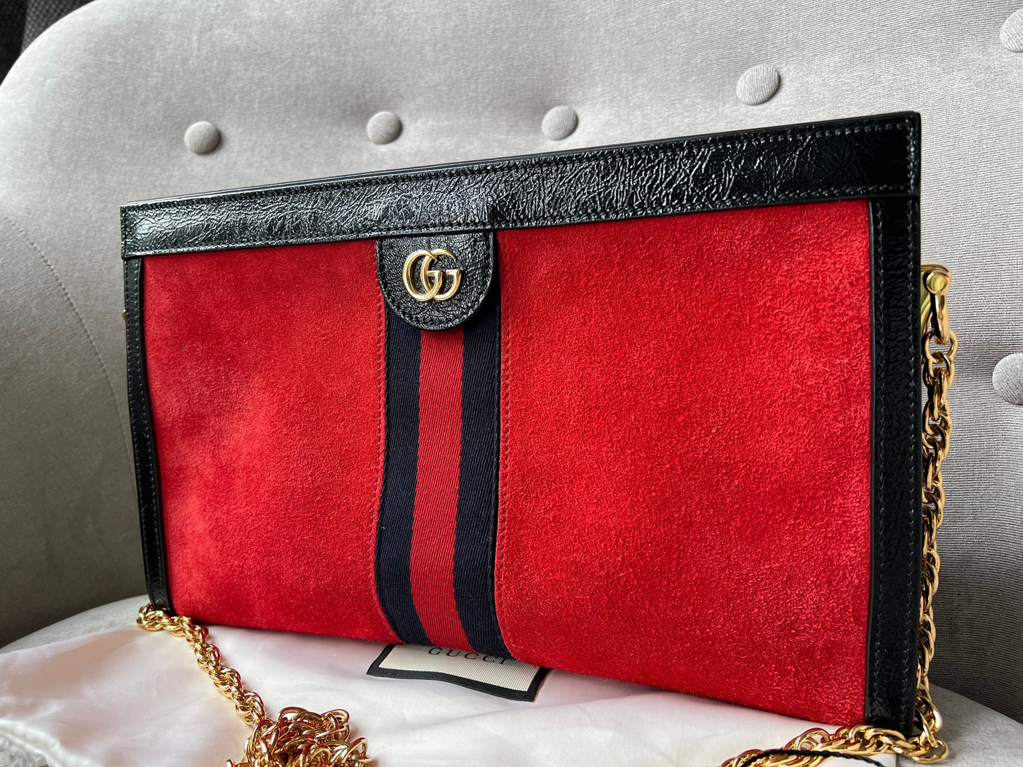 Gucci Red Suede and Black Leather Ophidia Shoulder Bag