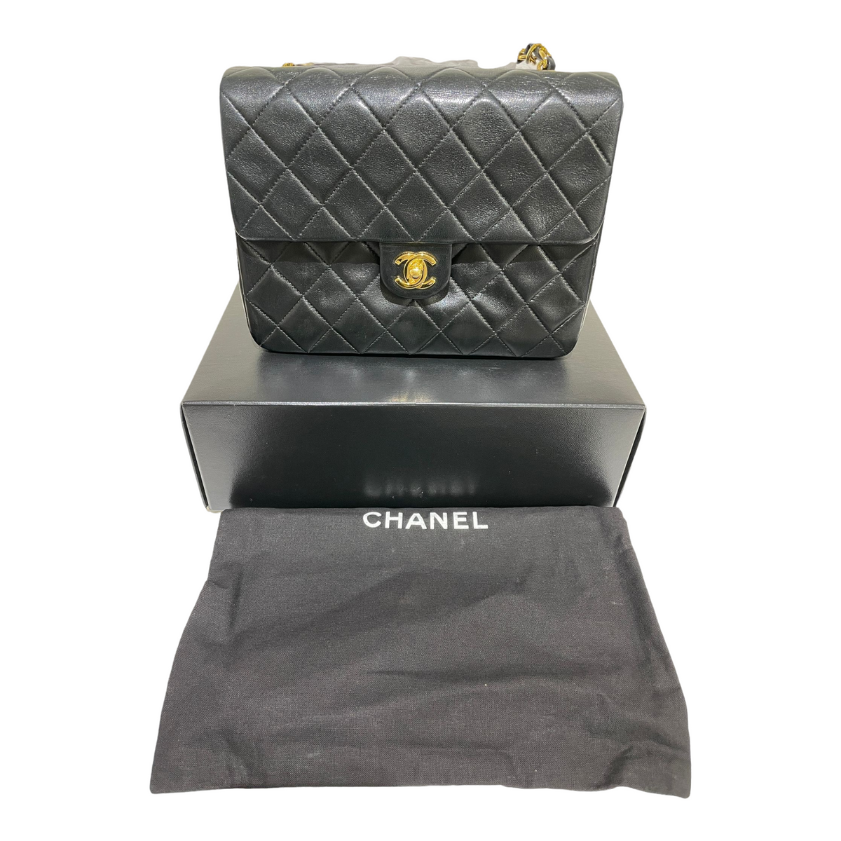 Large Mini Square Classic Vintage Flap Black GHW