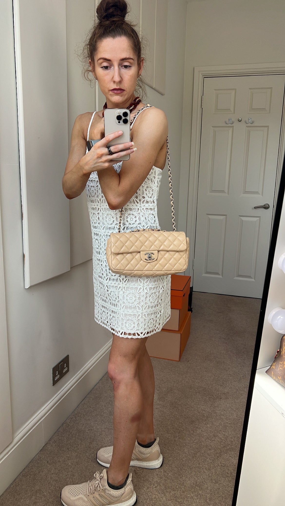 Chanel East West Flap in Light Beige Lambskin Silver Hardware