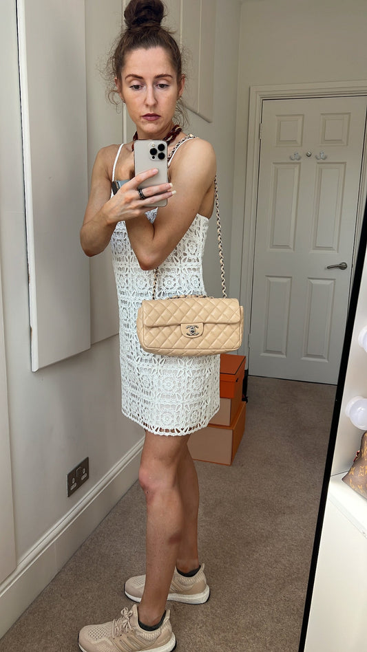 Chanel East West Flap in Light Beige Lambskin Silver Hardware
