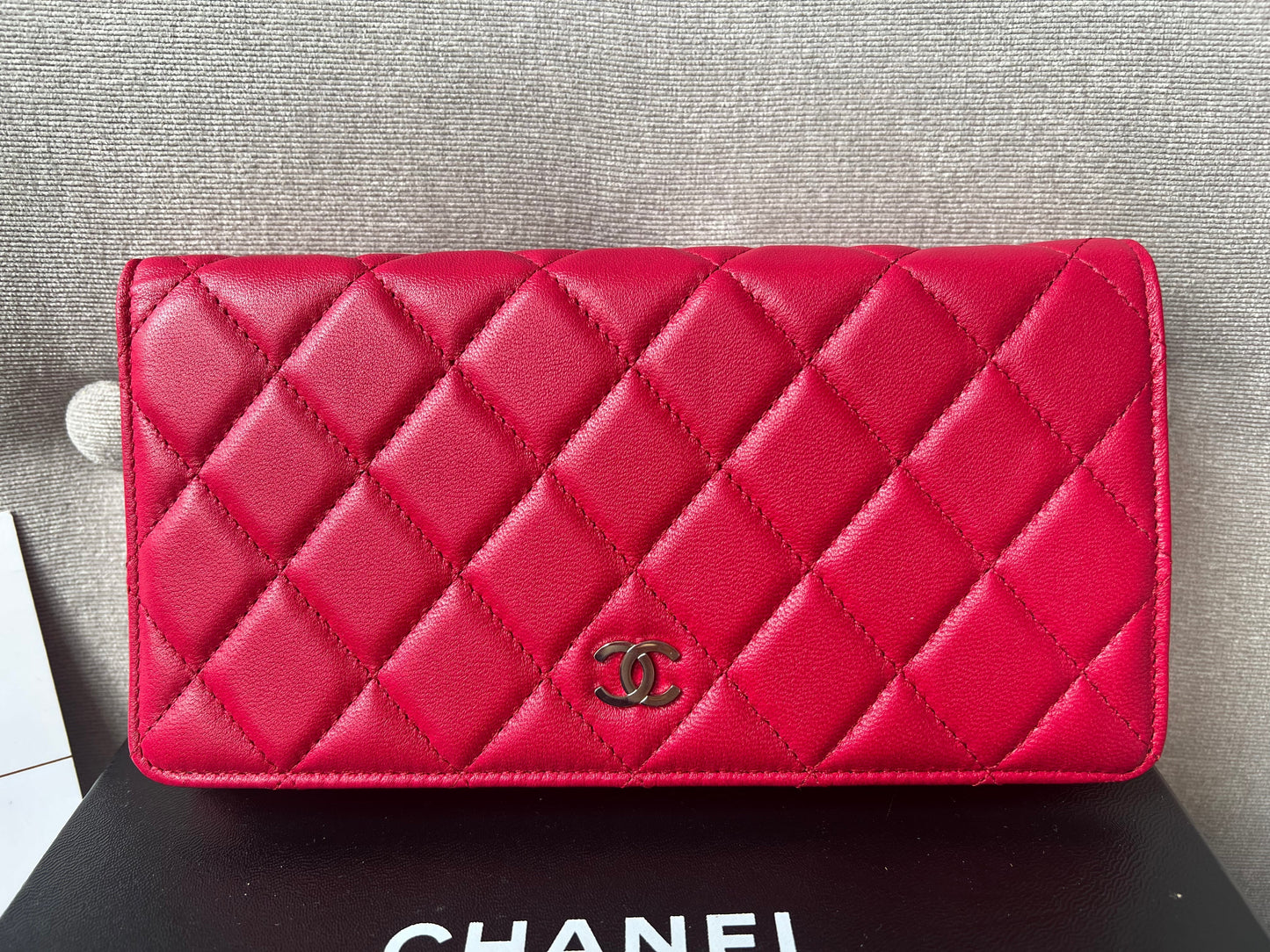 Chanel Classic Quilted Yen Bifold Wallet in Raspberry Red Lambskin and Silver Hardware