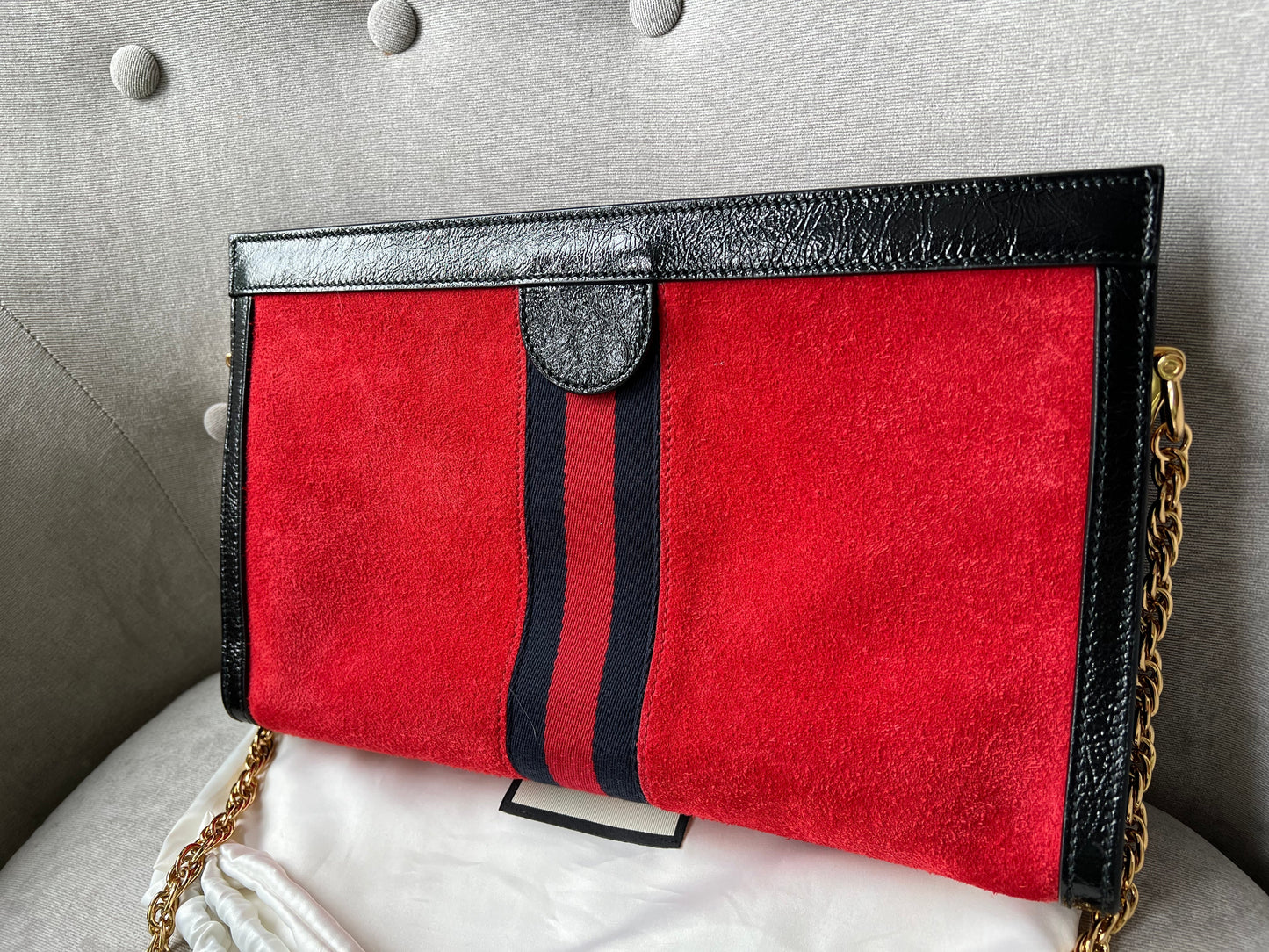 Gucci Red Suede and Black Leather Ophidia Shoulder Bag