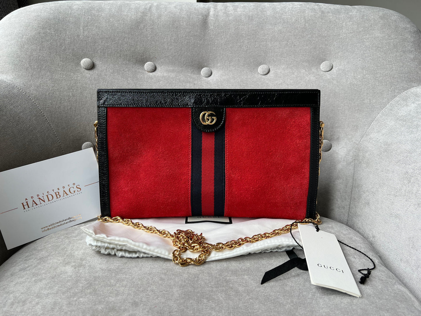 Gucci Red Suede and Black Leather Ophidia Shoulder Bag