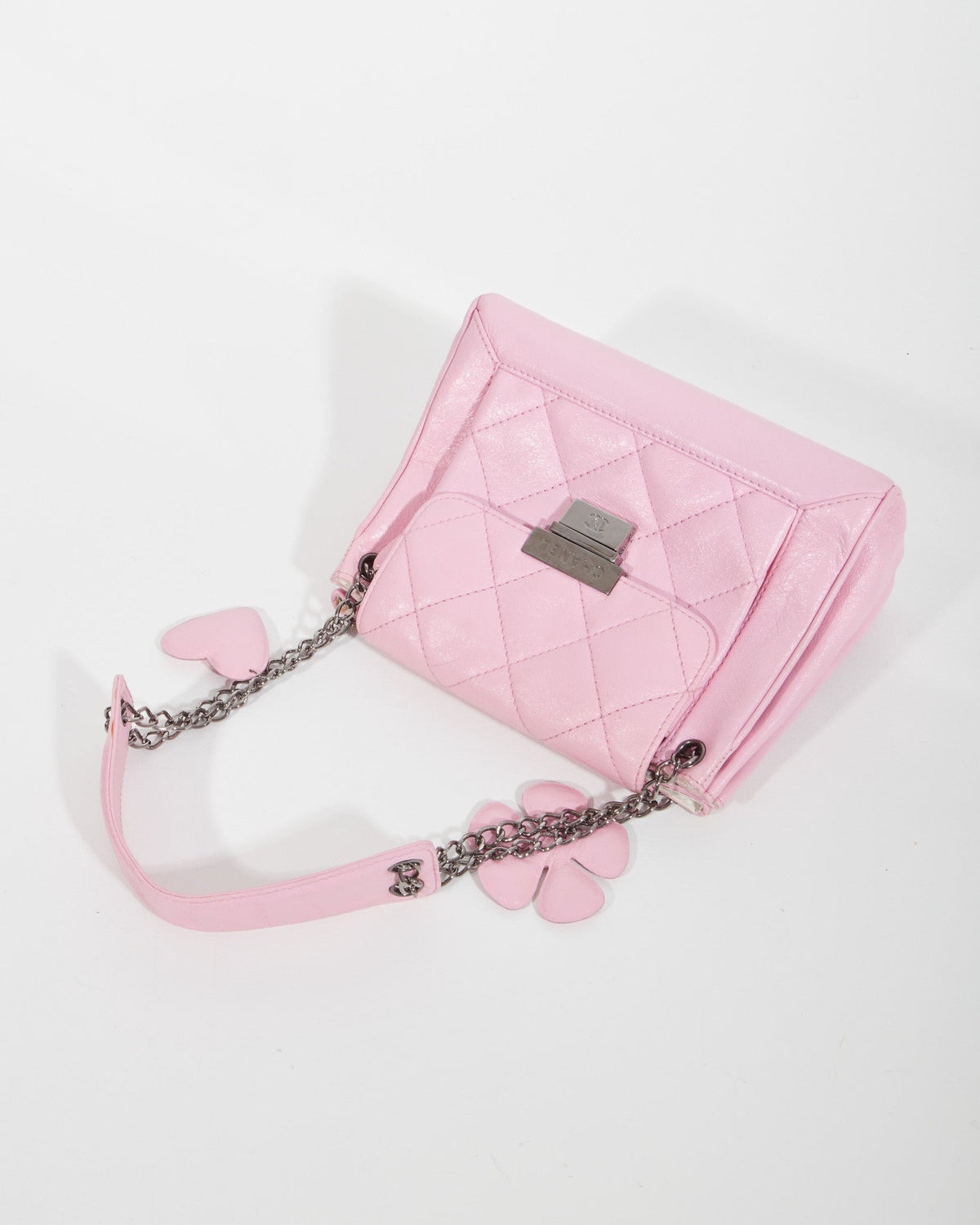 Chanel Pink Crinkled Leather 2003 Flower & Heart Shoulder Bag