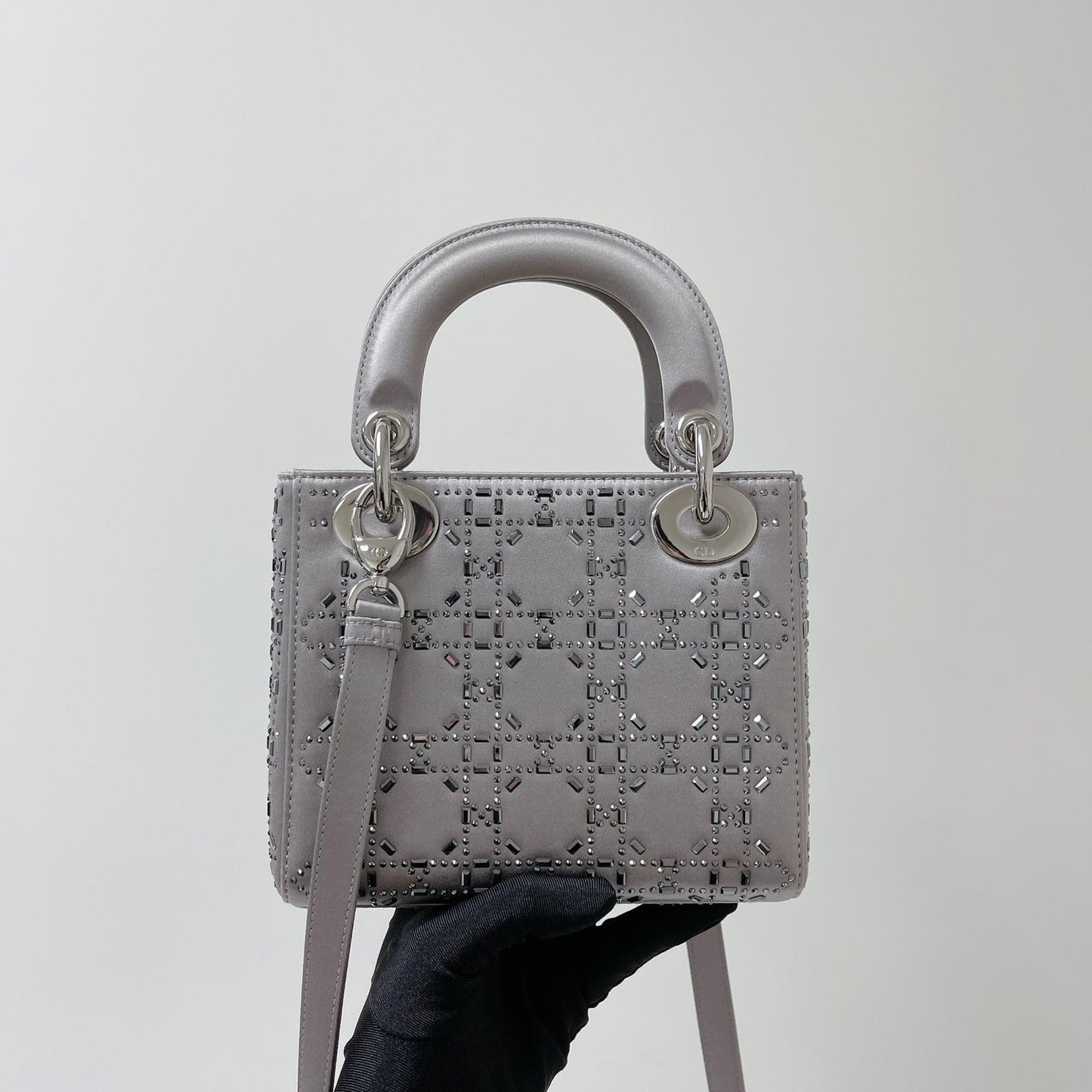 Embellished Cannage Satin Mini Lady Dior Grey