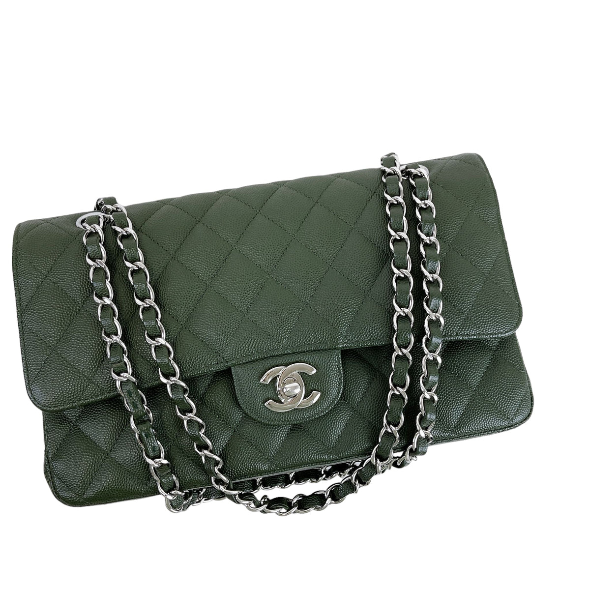 Medium Classic Double Flap Caviar Green SHW