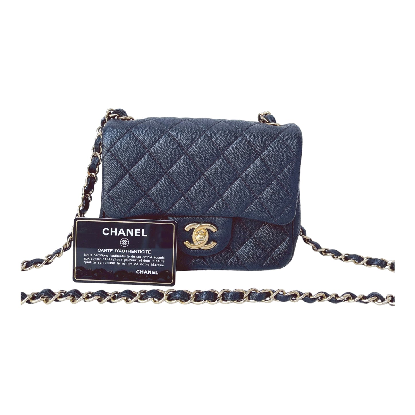Chanel Quilted Mini Square Flap Black Caviar Gold Hardware 17B