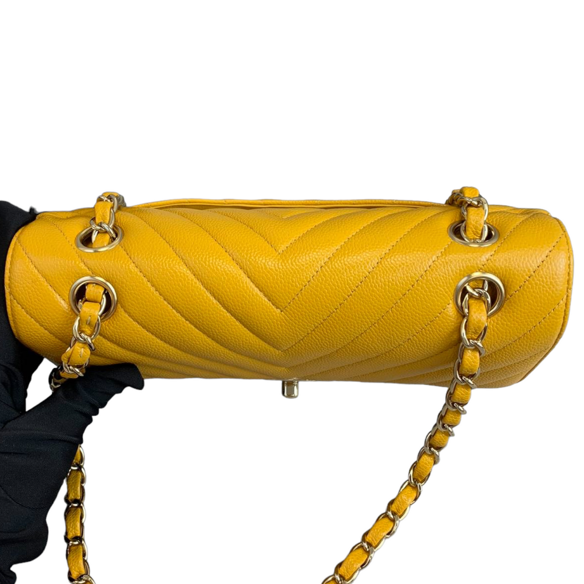 Small Classic Chevron Flap Caviar Yellow SHW