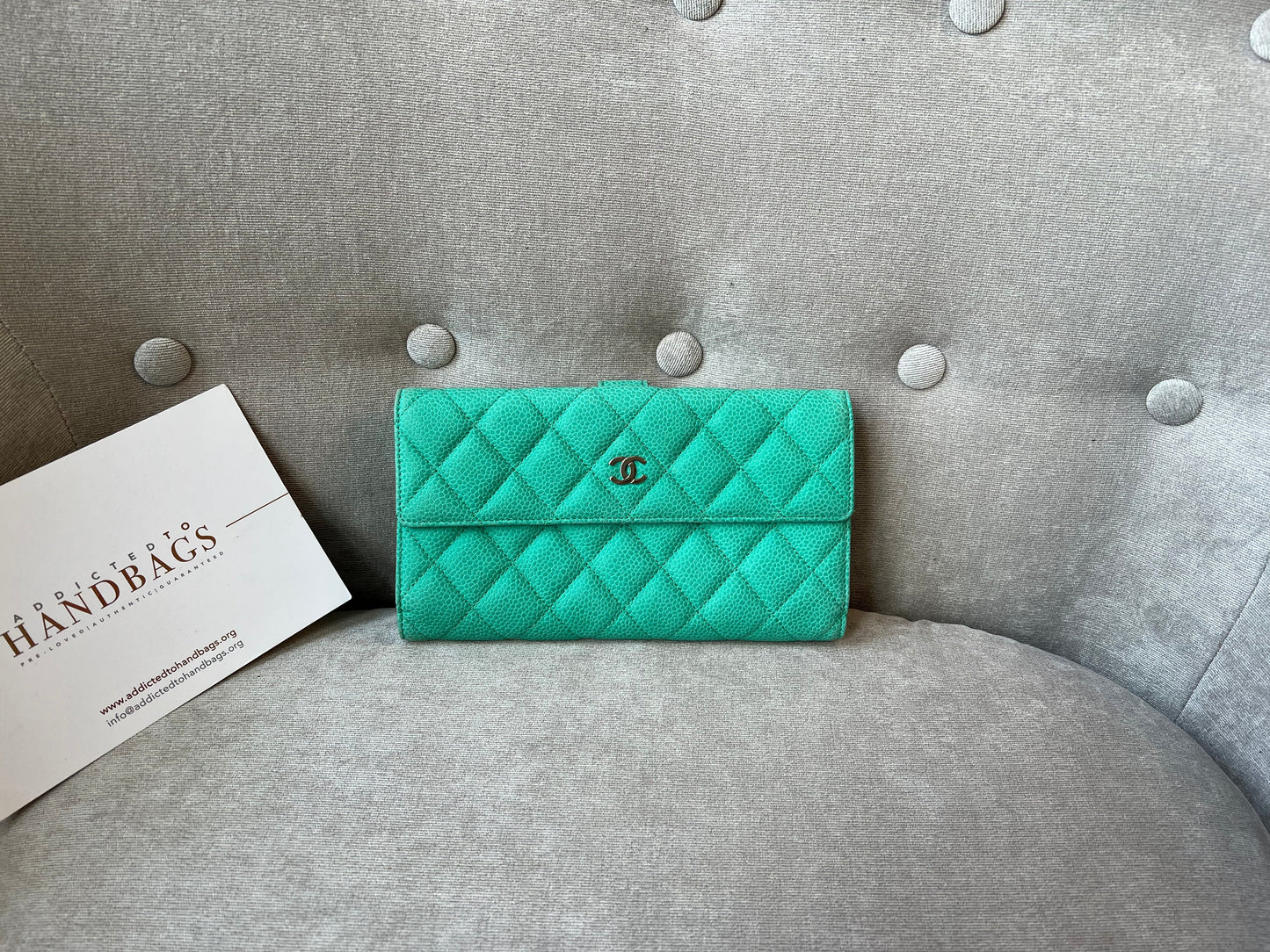 Chanel Green Suede Caviar Flap Wallet