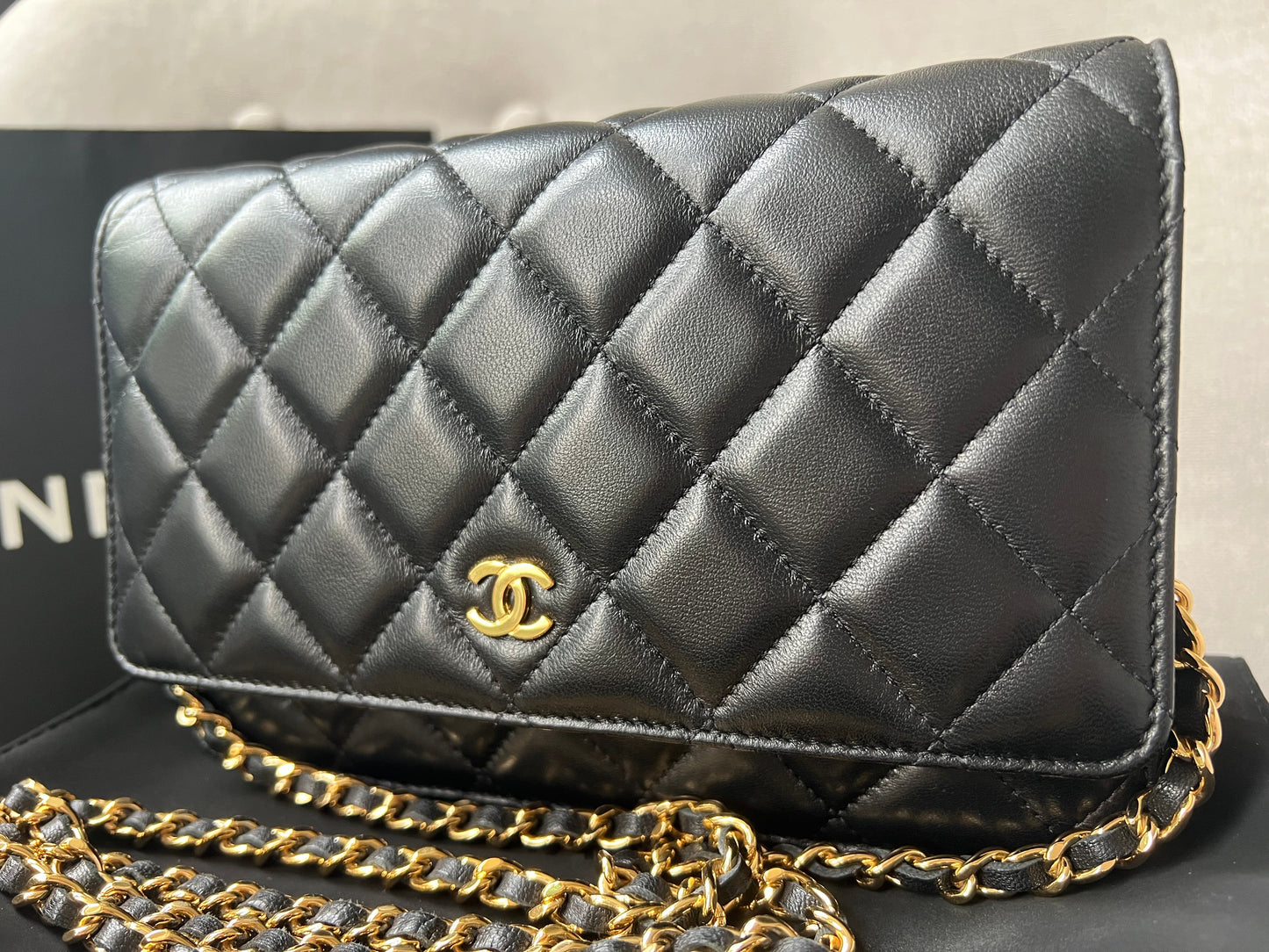 Chanel Black Lambskin Wallet on Chain with gold hardware