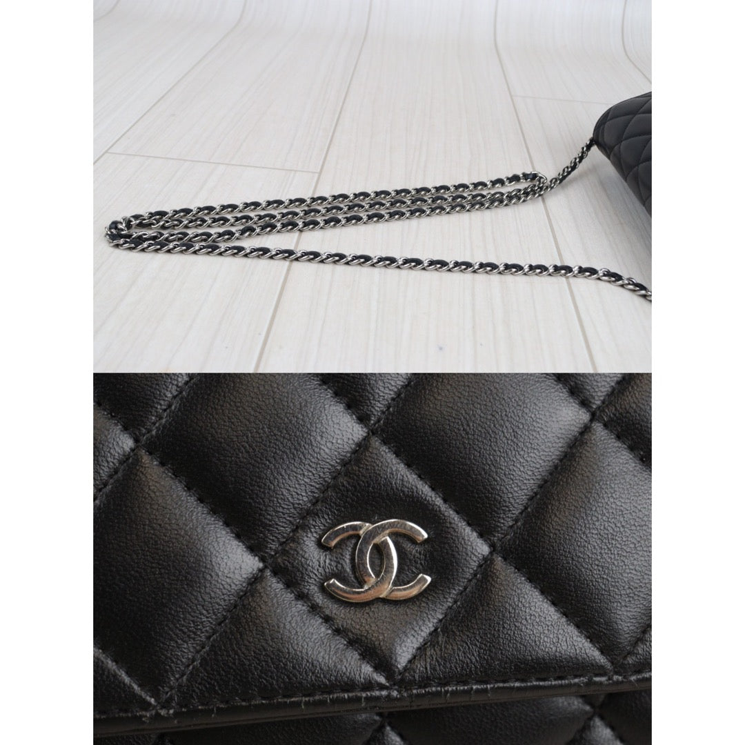 Rank A｜ CHANEL Matelasse Lamb Leather Chain Wallet Black Silver Hardware ｜V23072003