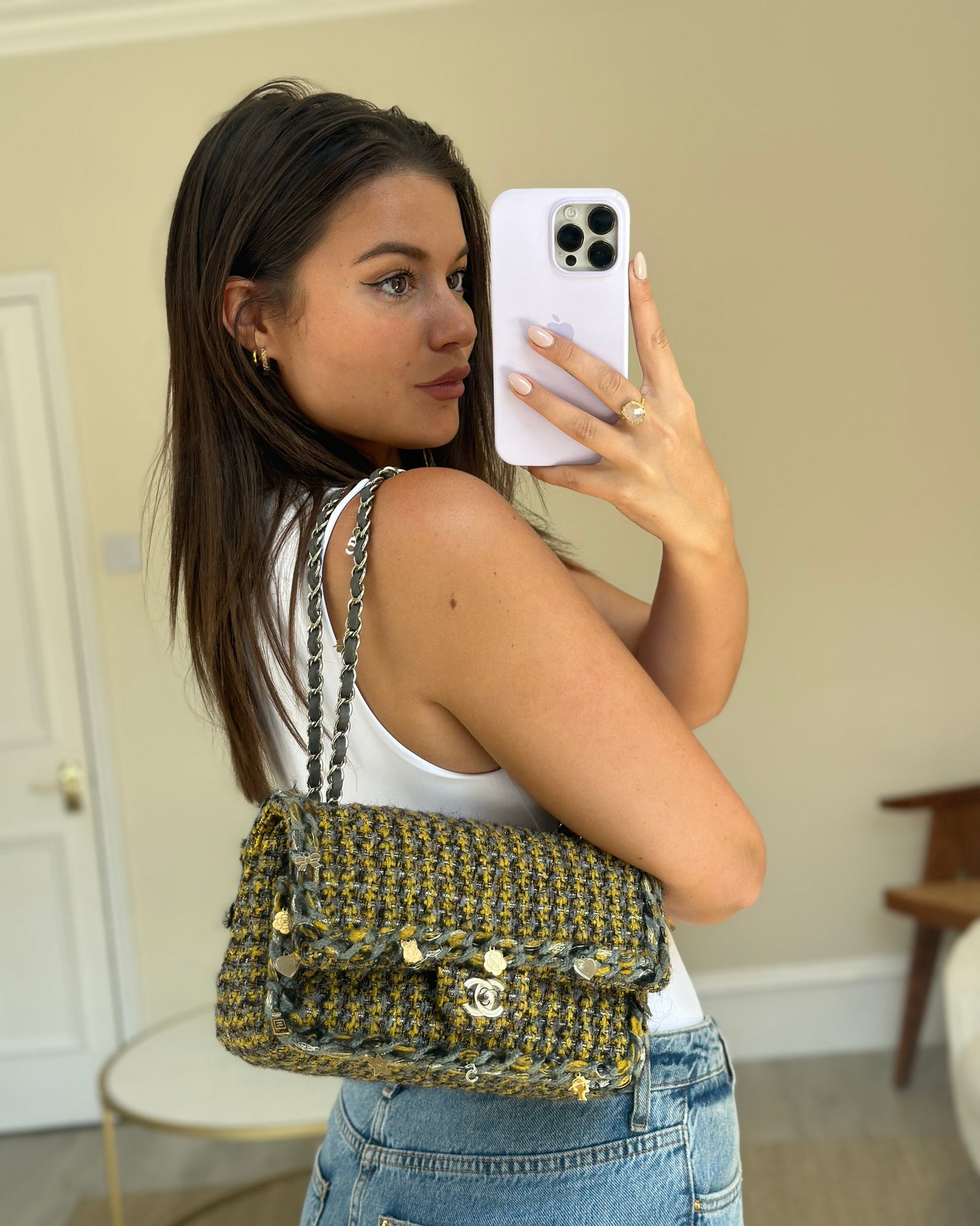 Chanel Grey, Yellow and Black Tweed Medium Classic Double Flap Bag with Silver Hardware and Champagne Charms RRP - £8,530