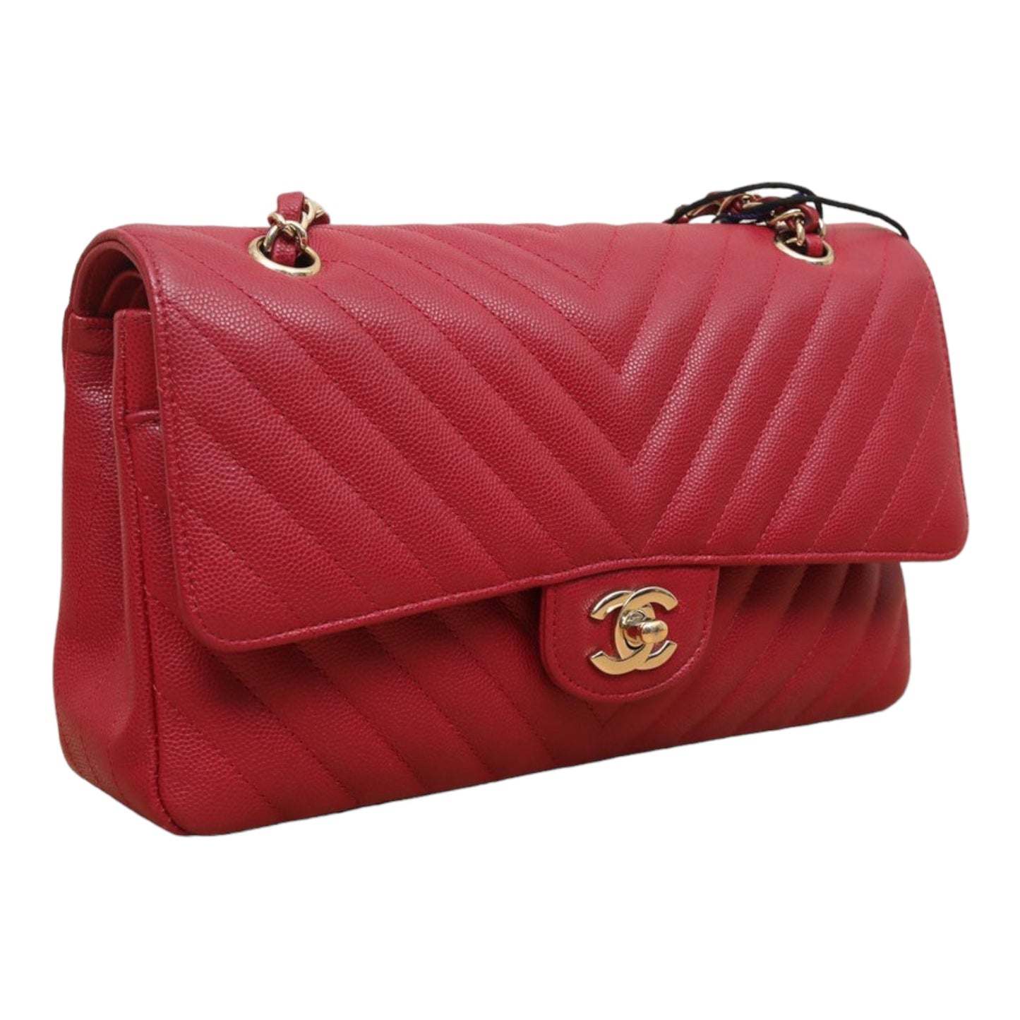 Chanel Medium Chevron Rosy Red Caviar Gold Hardware 18B