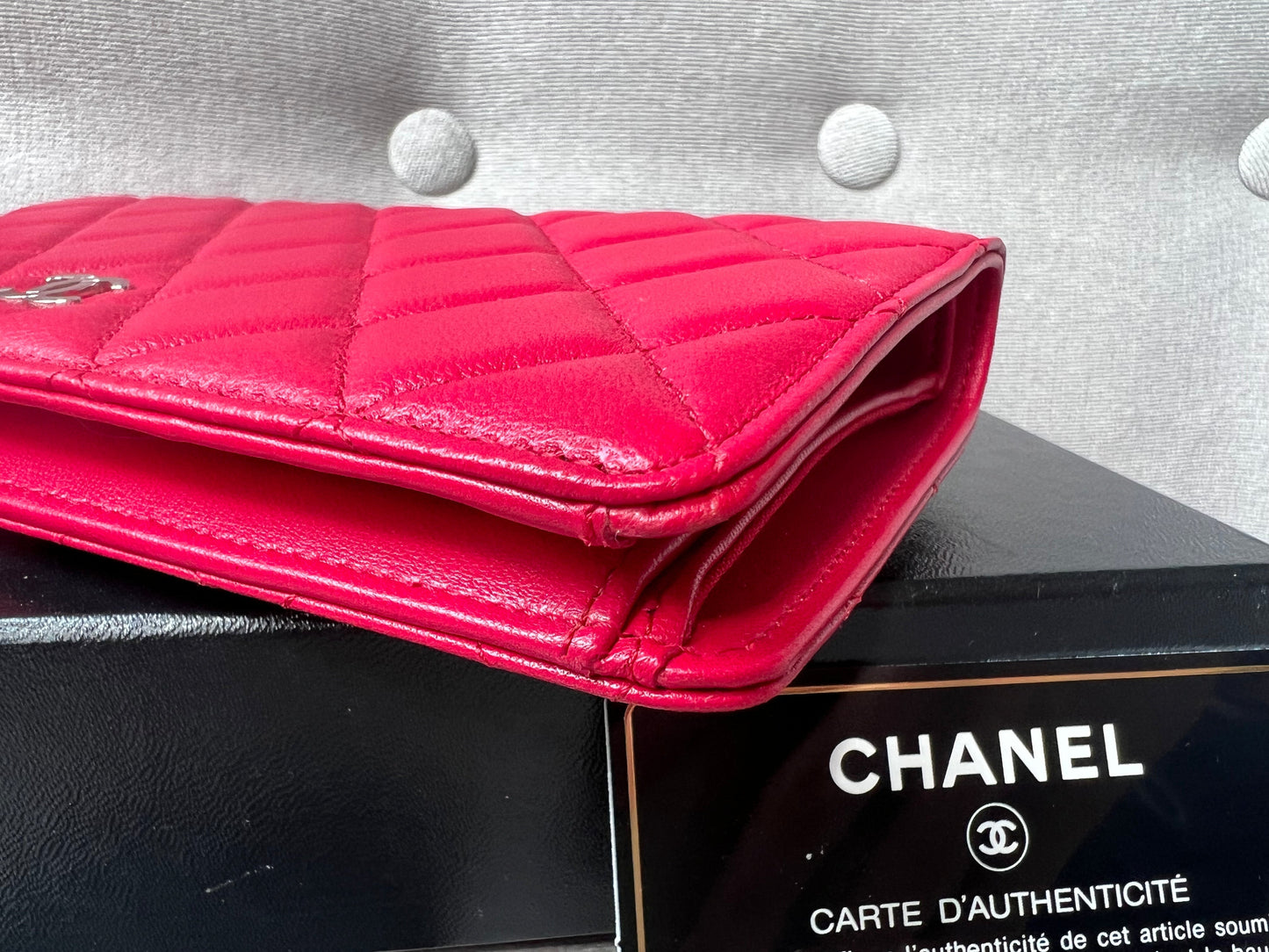 Chanel Classic Quilted Yen Bifold Wallet in Raspberry Red Lambskin and Silver Hardware