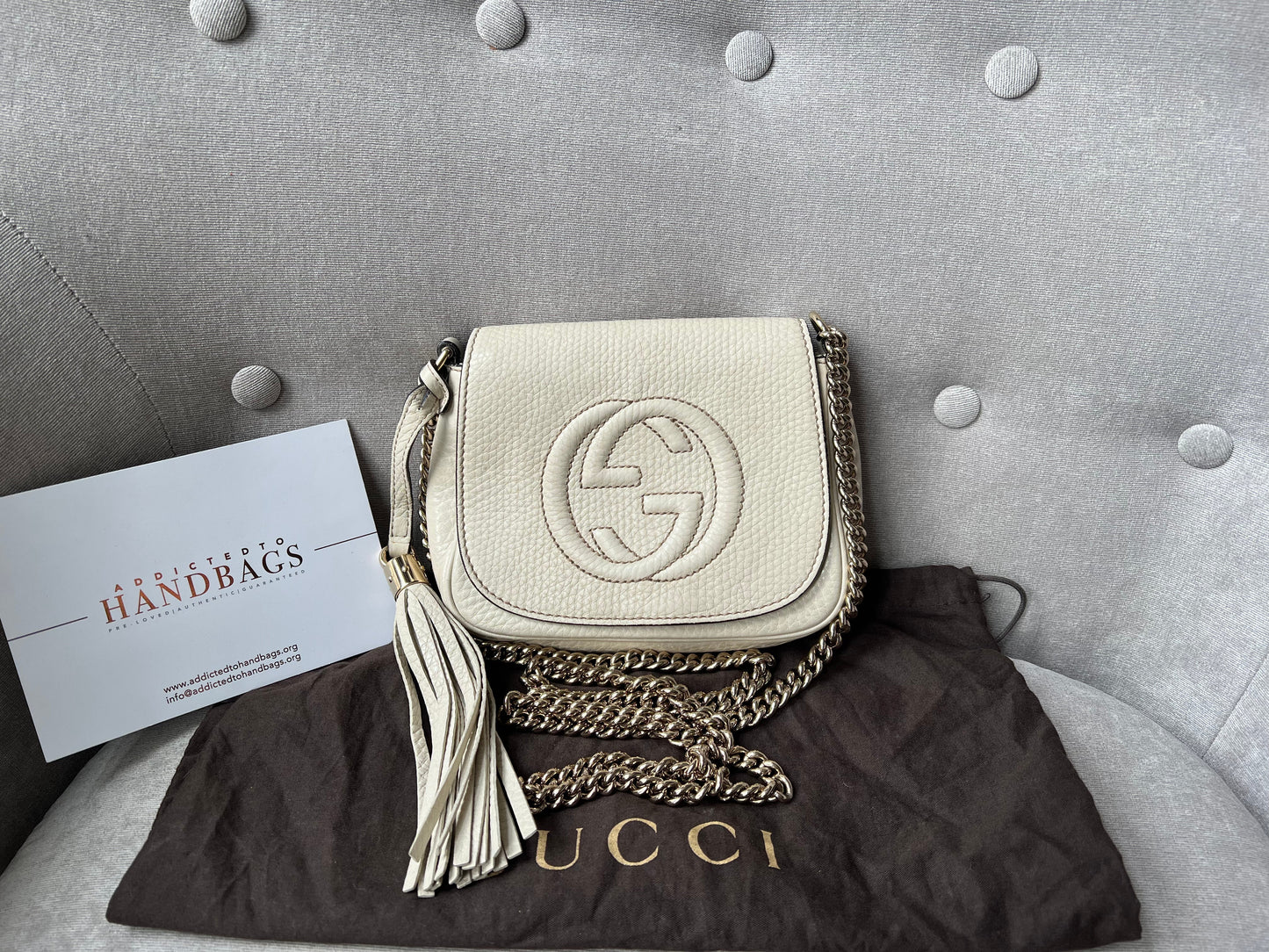 Gucci White Mini Soho Chain Crossbody Flap Bag