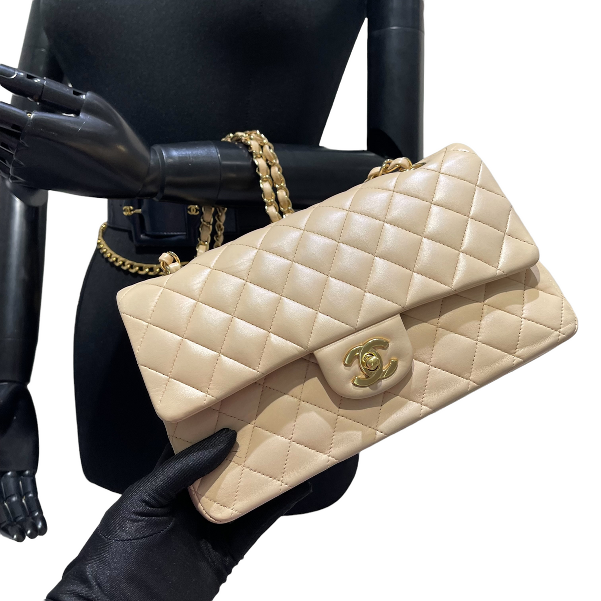 Classic Lambskin Double Flap Medium Beige GHW