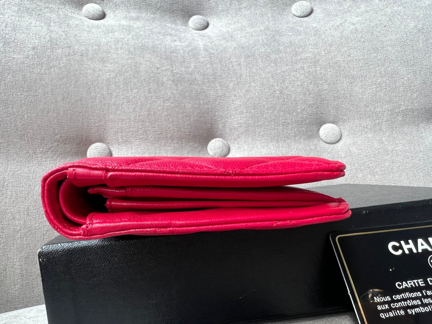 Chanel Classic Quilted Yen Bifold Wallet in Raspberry Red Lambskin and Silver Hardware